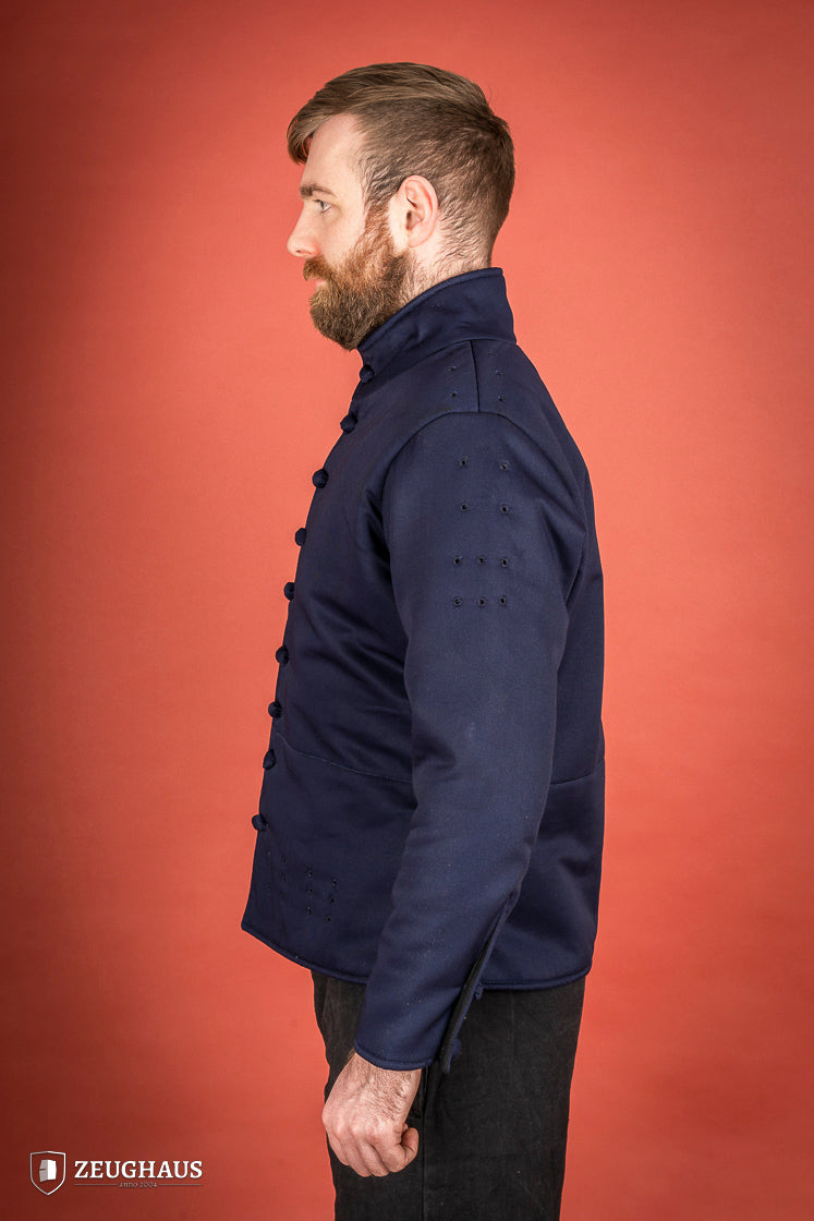 15th century-style Arming Doublet in blue, featuring reinforced armholes and comfortable padding.