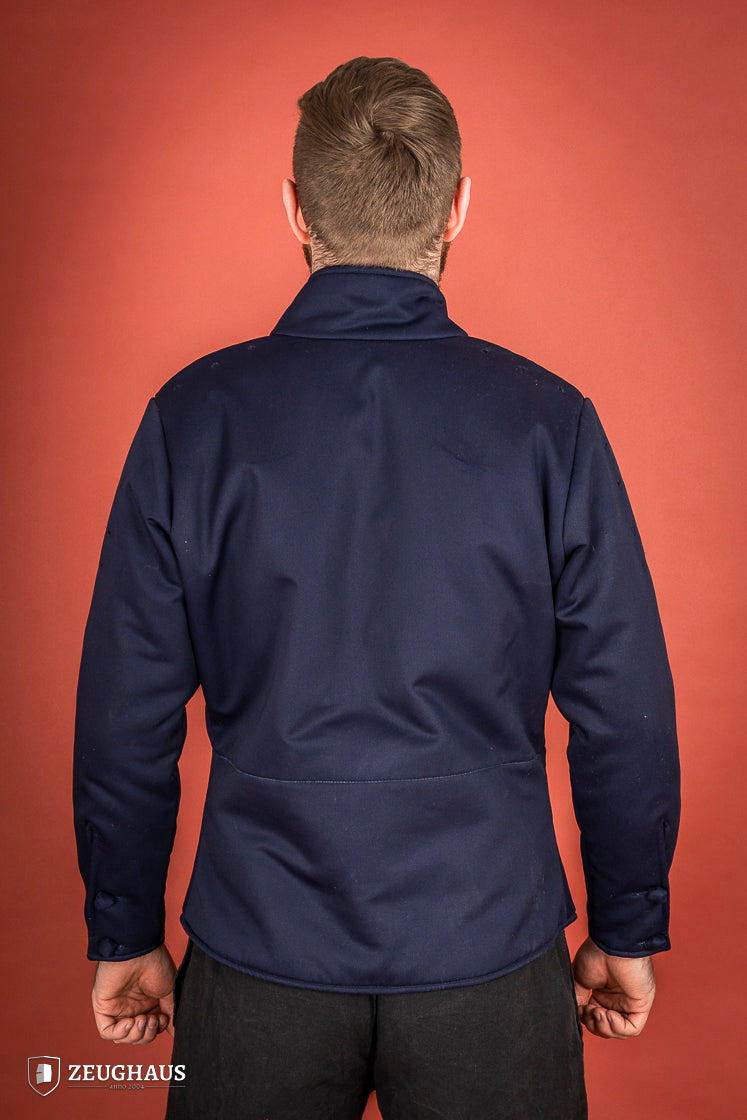 15th century-style Arming Doublet in blue, featuring reinforced armholes and comfortable padding.