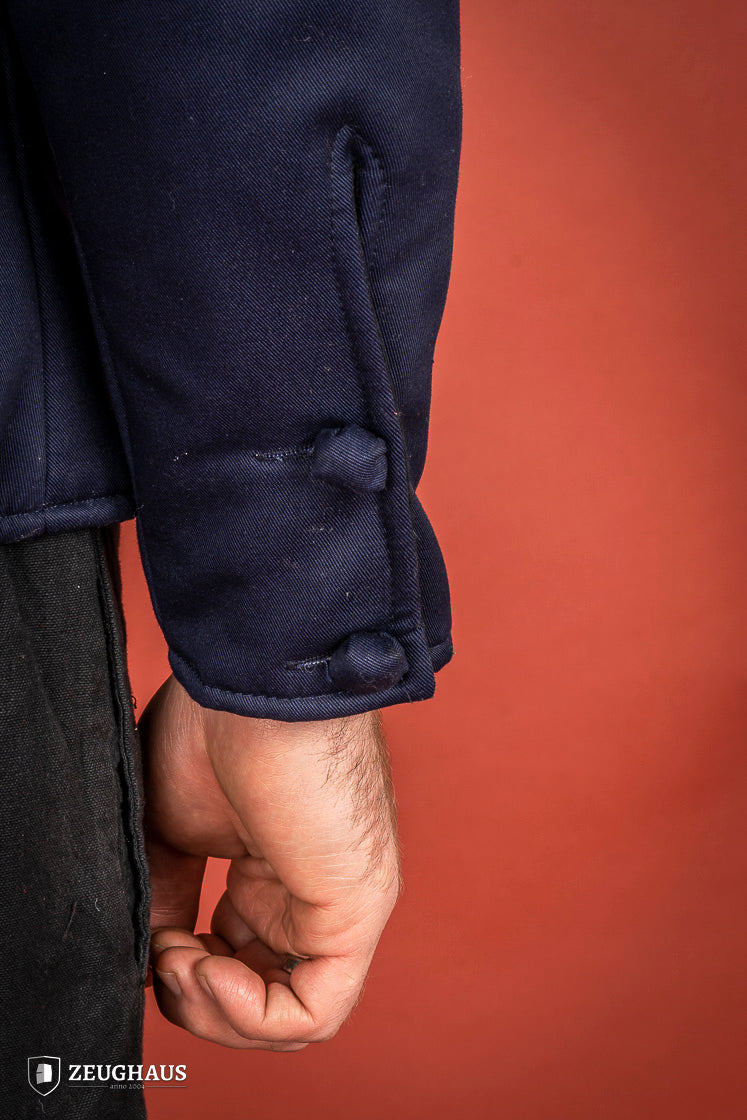 15th century-style Arming Doublet in blue, featuring reinforced armholes and comfortable padding.