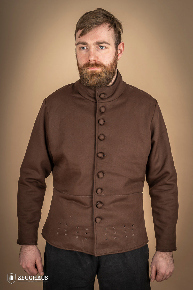 15th-century-style Arming Doublet in brown, made from lightweight cotton with padding, designed for comfort and armor anchorage.