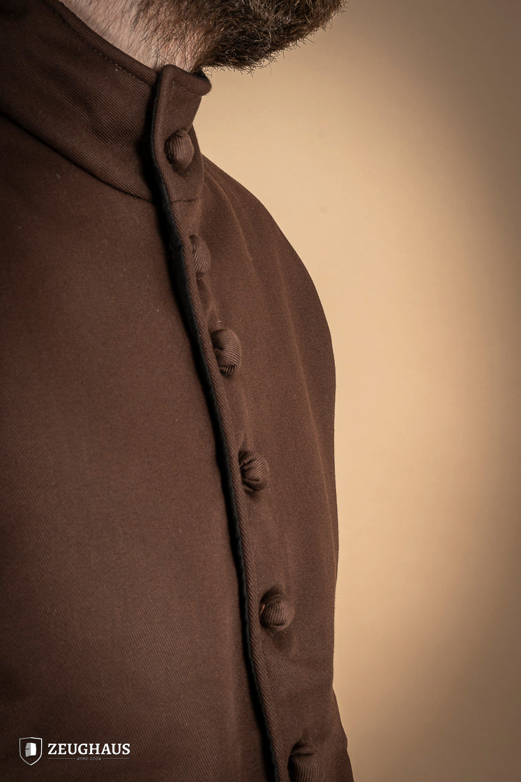 15th-century-style Arming Doublet in brown, made from lightweight cotton with padding, designed for comfort and armor anchorage.