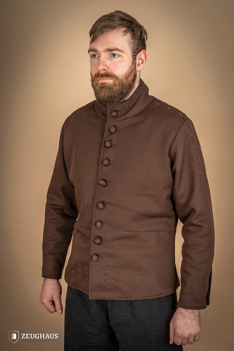 15th-century-style Arming Doublet in brown, made from lightweight cotton with padding, designed for comfort and armor anchorage.