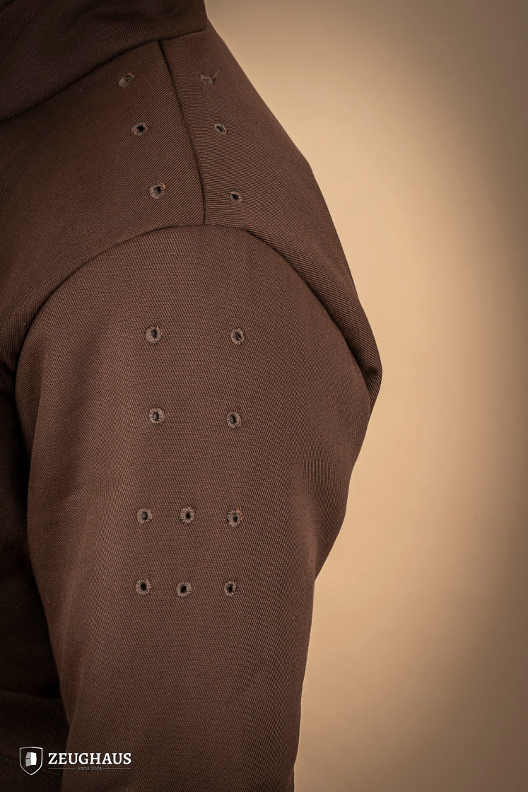 15th-century-style Arming Doublet in brown, made from lightweight cotton with padding, designed for comfort and armor anchorage.