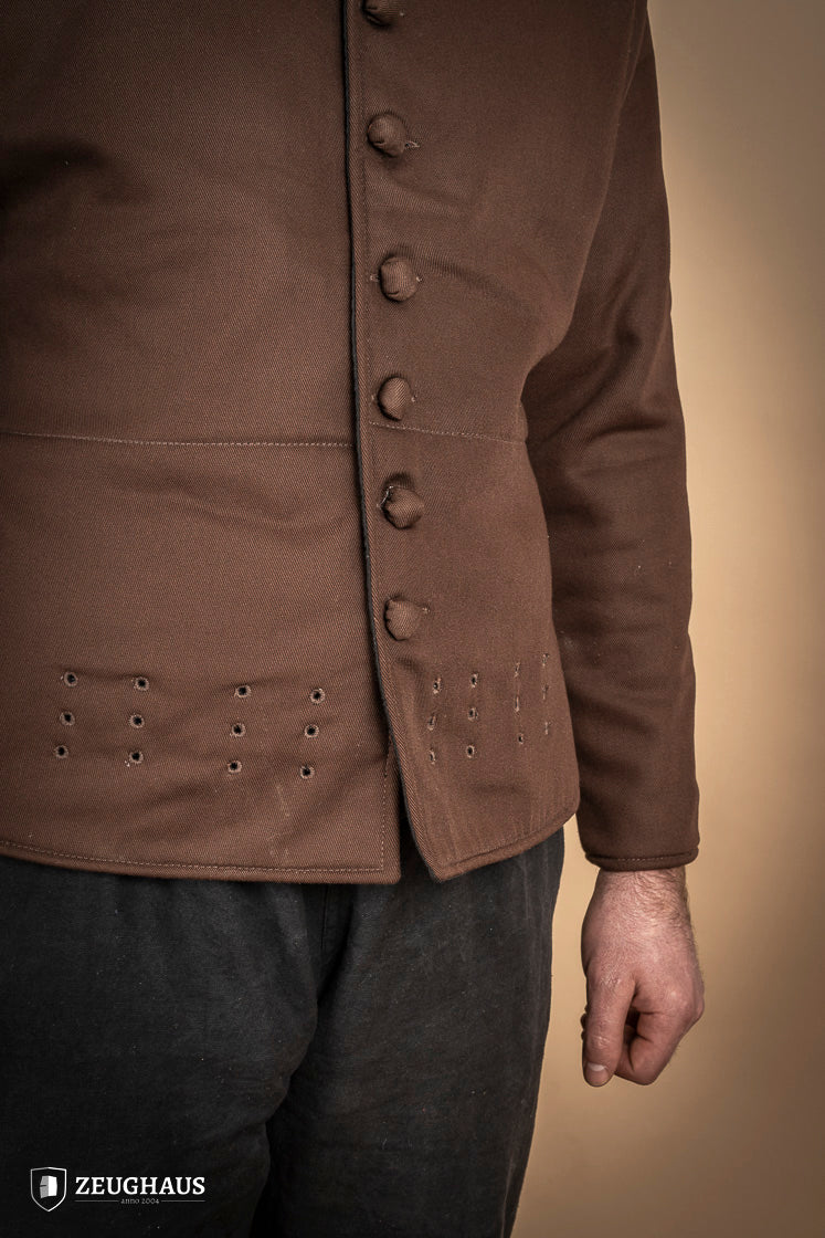 15th-century-style Arming Doublet in brown, made from lightweight cotton with padding, designed for comfort and armor anchorage.