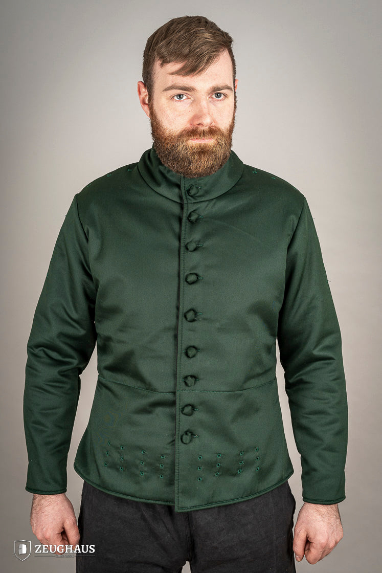 15th-century-style Arming Doublet in vibrant green, made from lightweight cotton with padding, designed for comfort under armor.