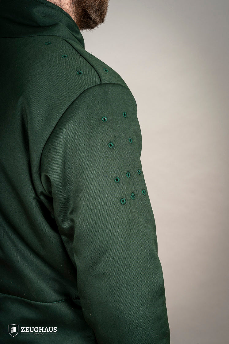 15th-century-style Arming Doublet in vibrant green, made from lightweight cotton with padding, designed for comfort under armor.