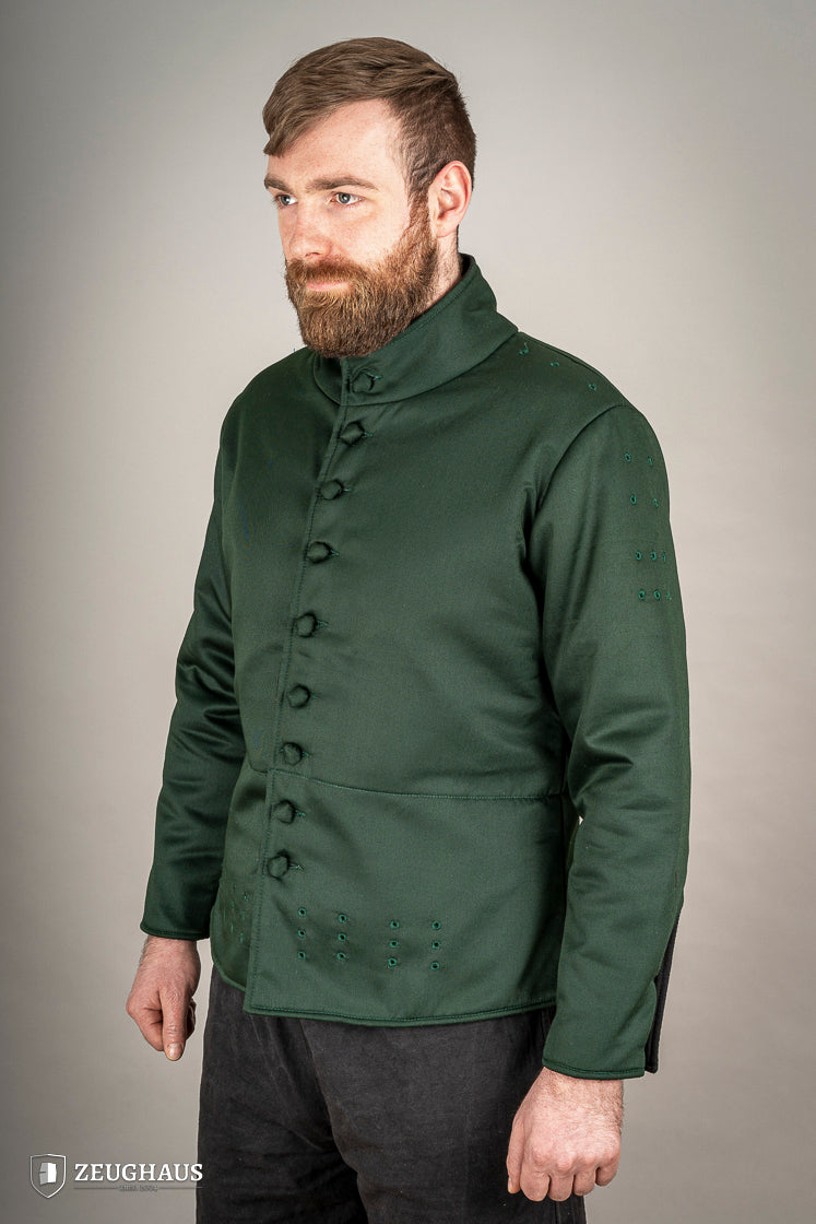 15th-century-style Arming Doublet in vibrant green, made from lightweight cotton with padding, designed for comfort under armor.