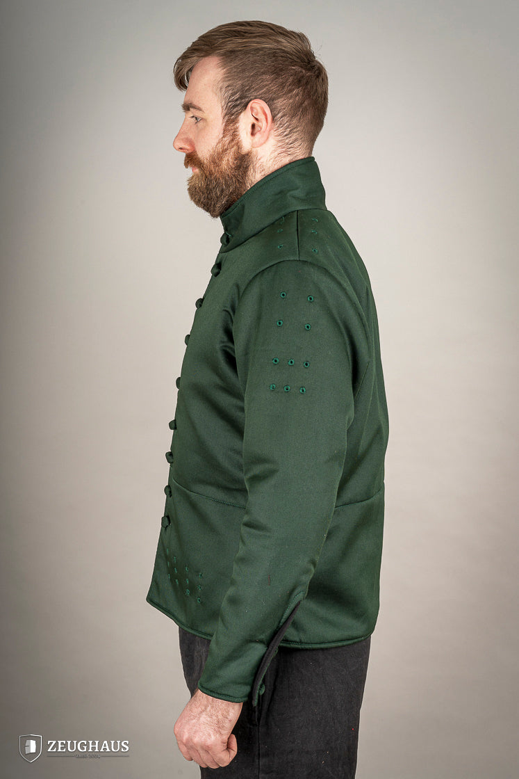 15th-century-style Arming Doublet in vibrant green, made from lightweight cotton with padding, designed for comfort under armor.