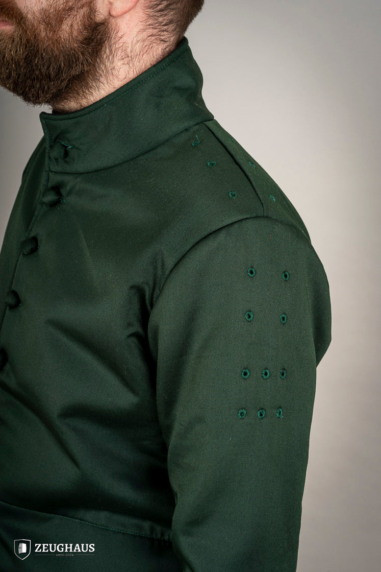 15th-century-style Arming Doublet in vibrant green, made from lightweight cotton with padding, designed for comfort under armor.