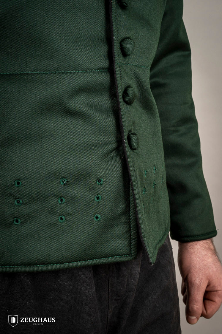 15th-century-style Arming Doublet in vibrant green, made from lightweight cotton with padding, designed for comfort under armor.
