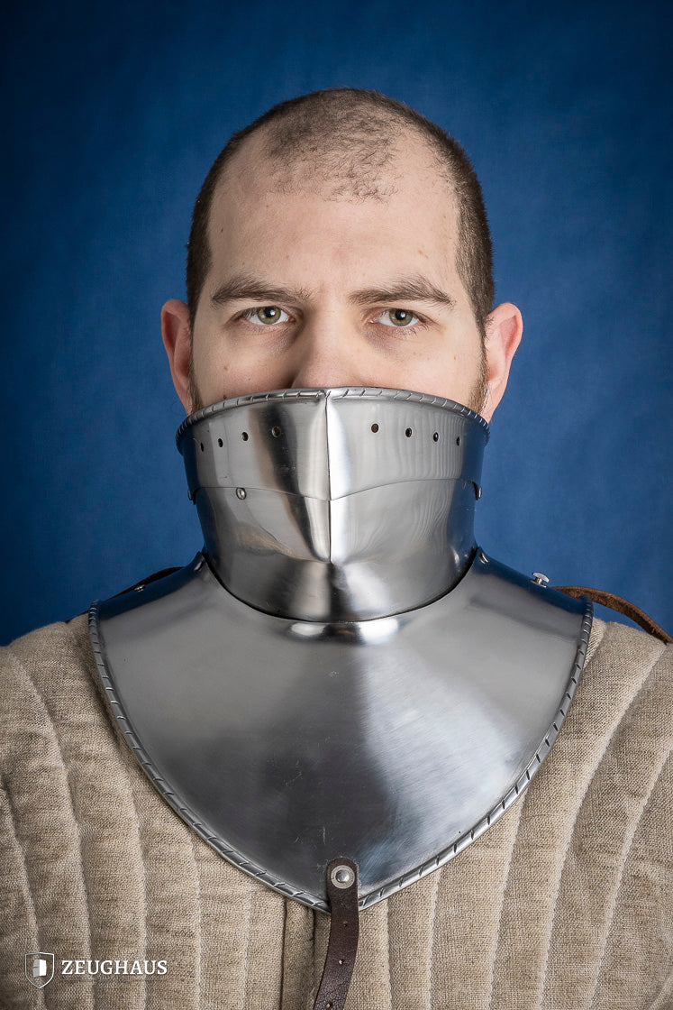 Articulated Gorget with Bevor, 15th-century armor piece made of 2mm polished steel, showcasing intricate design and secure fit.