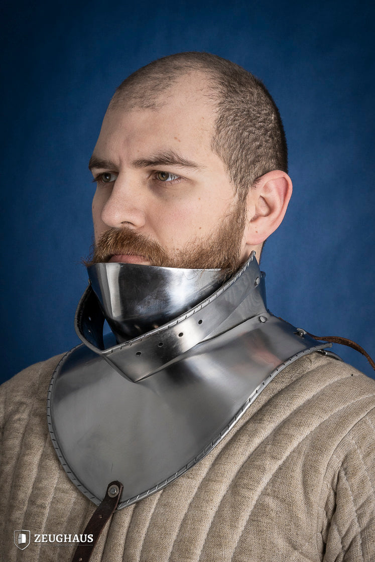 Articulated Gorget with Bevor, 15th-century armor piece made of 2mm polished steel, showcasing intricate design and secure fit.