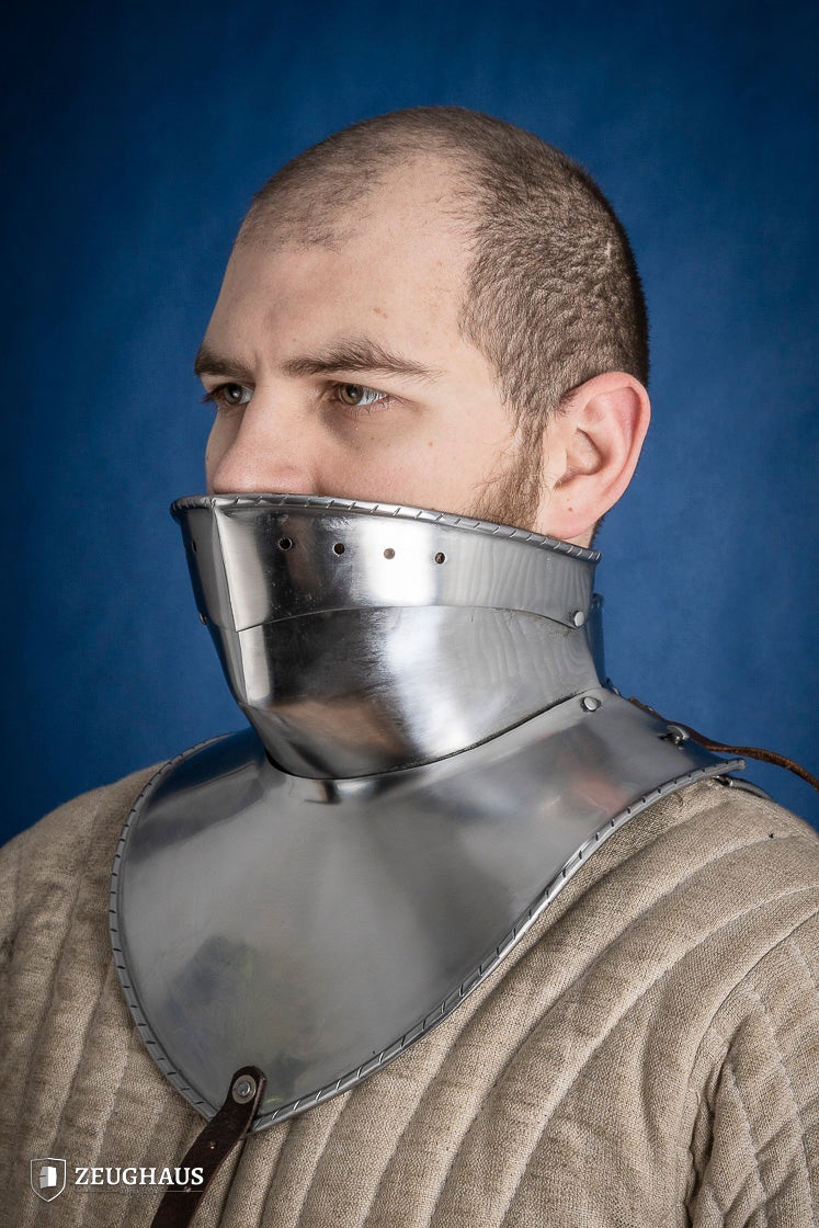 Articulated Gorget with Bevor, 15th-century armor piece made of 2mm polished steel, showcasing intricate design and secure fit.