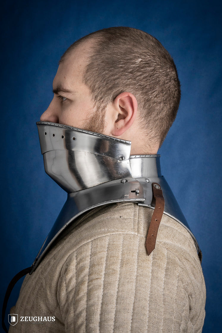 Articulated Gorget with Bevor, 15th-century armor piece made of 2mm polished steel, showcasing intricate design and secure fit.