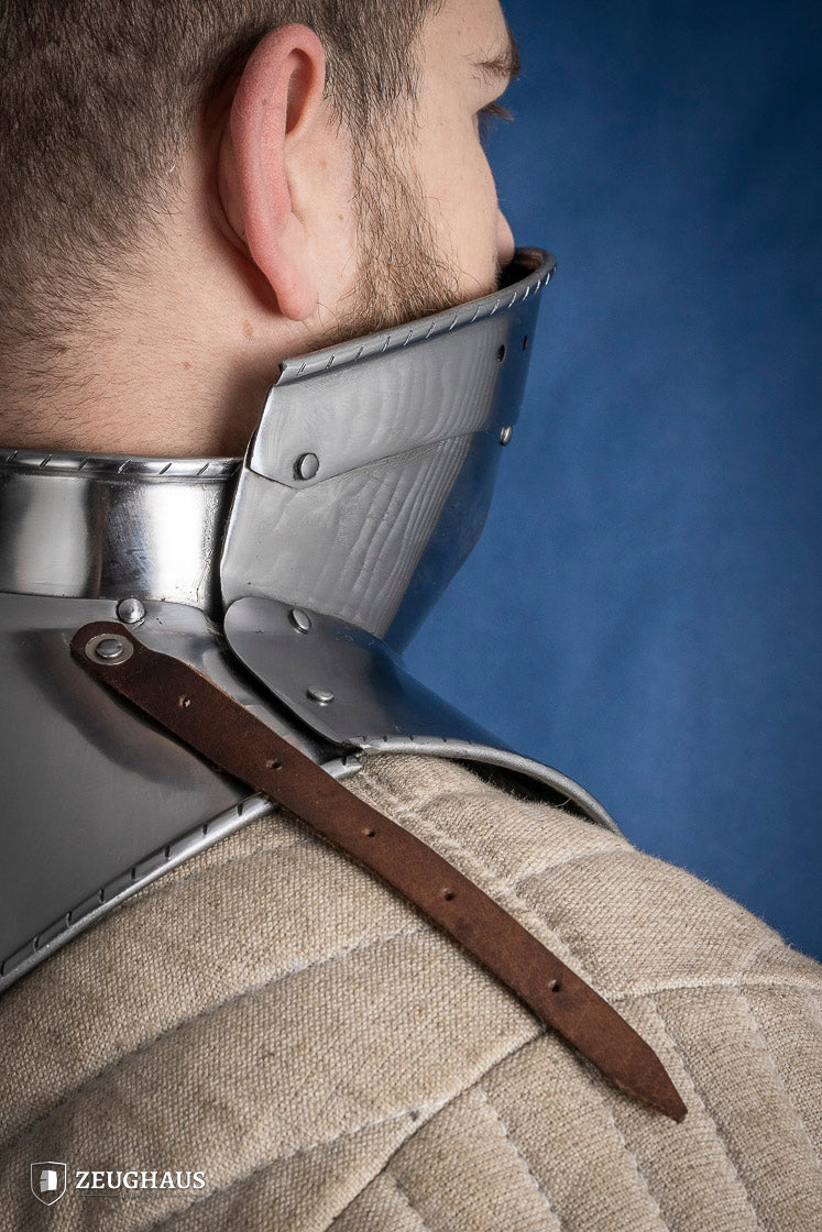 Articulated Gorget with Bevor, 15th-century armor piece made of 2mm polished steel, showcasing intricate design and secure fit.