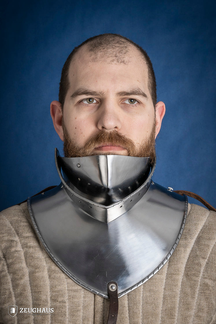 Articulated Gorget with Bevor, 15th-century armor piece made of 2mm polished steel, showcasing intricate design and secure fit.