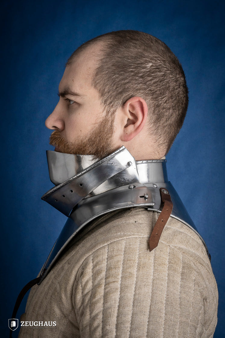 Articulated Gorget with Bevor, 15th-century armor piece made of 2mm polished steel, showcasing intricate design and secure fit.