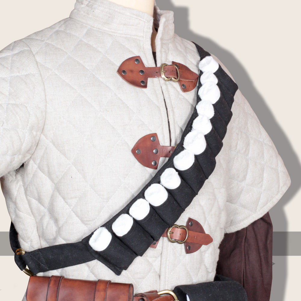 A black bandage belt with 12 gauze bandages, featuring a D-ring closure for adjustable fit, ideal for LARP and wound care.