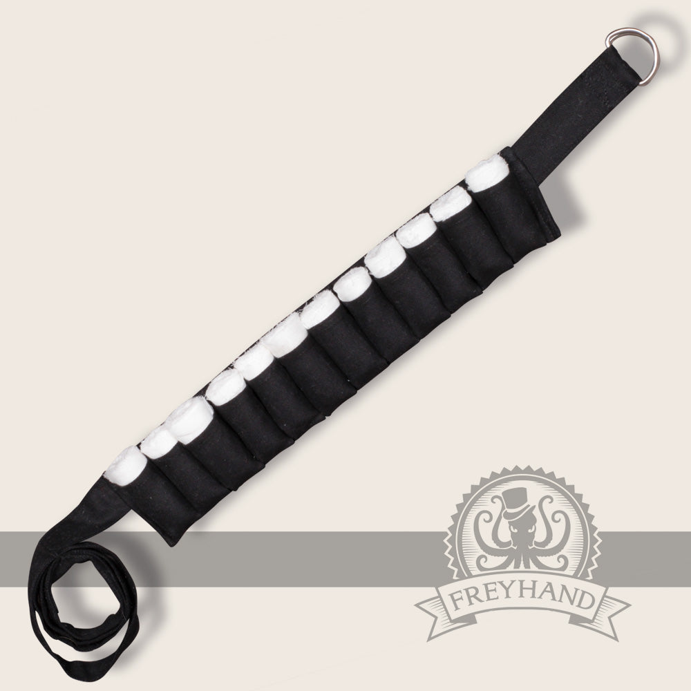 A black bandage belt with 12 gauze bandages, featuring a D-ring closure for adjustable fit, ideal for LARP and wound care.