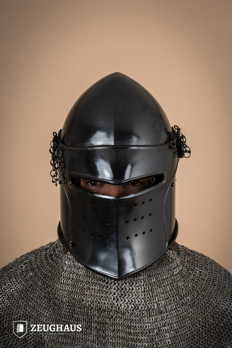Bascinet Avenger 1.6mm Burnished helmet with detachable visor, showcasing its medieval design and craftsmanship.