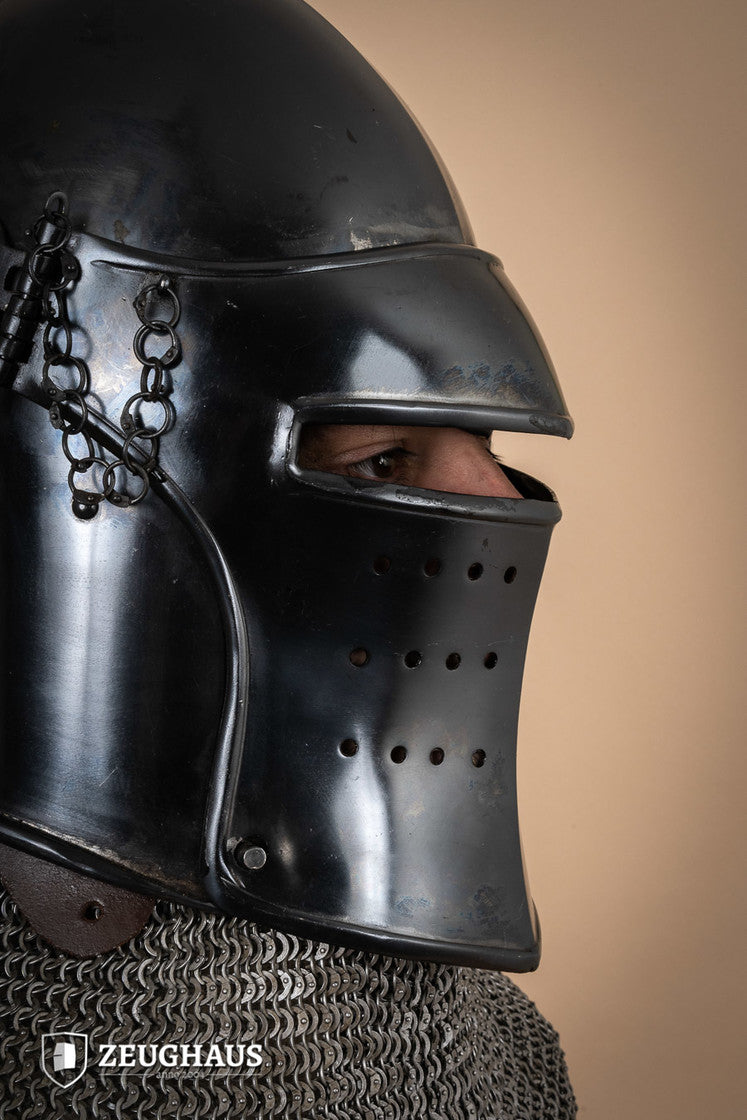 Bascinet Avenger 1.6mm Burnished helmet with detachable visor, showcasing its medieval design and craftsmanship.