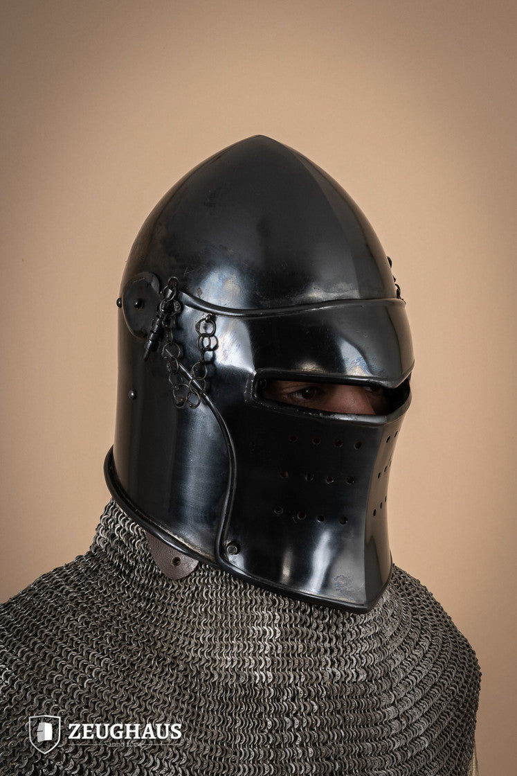 Bascinet Avenger 1.6mm Burnished helmet with detachable visor, showcasing its medieval design and craftsmanship.