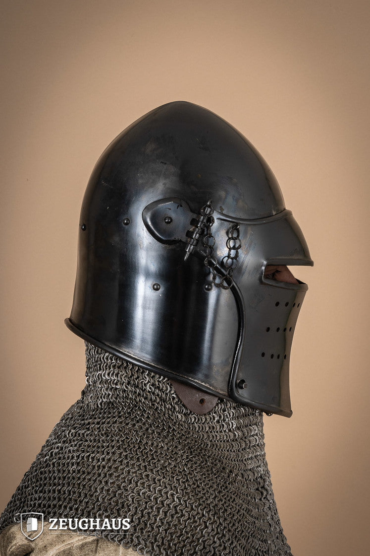 Bascinet Avenger 1.6mm Burnished helmet with detachable visor, showcasing its medieval design and craftsmanship.