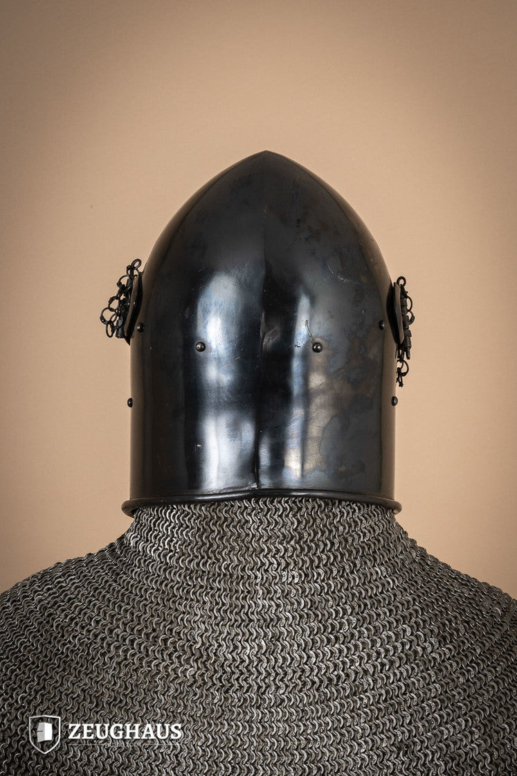 Bascinet Avenger 1.6mm Burnished helmet with detachable visor, showcasing its medieval design and craftsmanship.