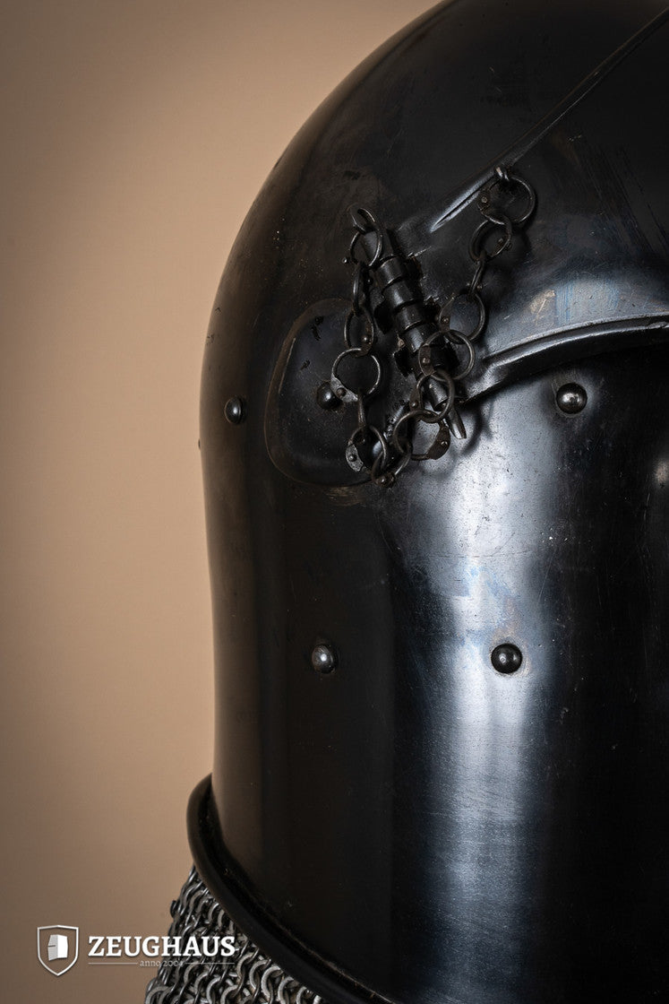Bascinet Avenger 1.6mm Burnished helmet with detachable visor, showcasing its medieval design and craftsmanship.