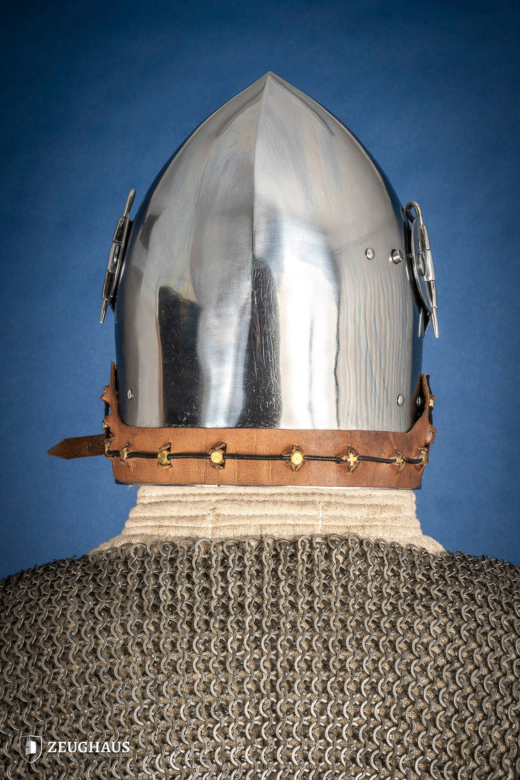 Polished Bascinet Helmet made of 2mm steel with adjustable visor and ventilation holes, featuring a leather chin strap.