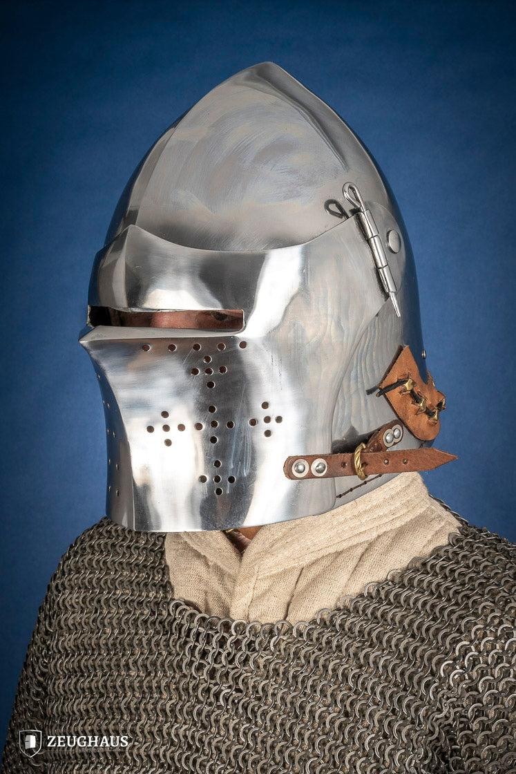 Polished Bascinet Helmet made of 2mm steel with adjustable visor and ventilation holes, featuring a leather chin strap.