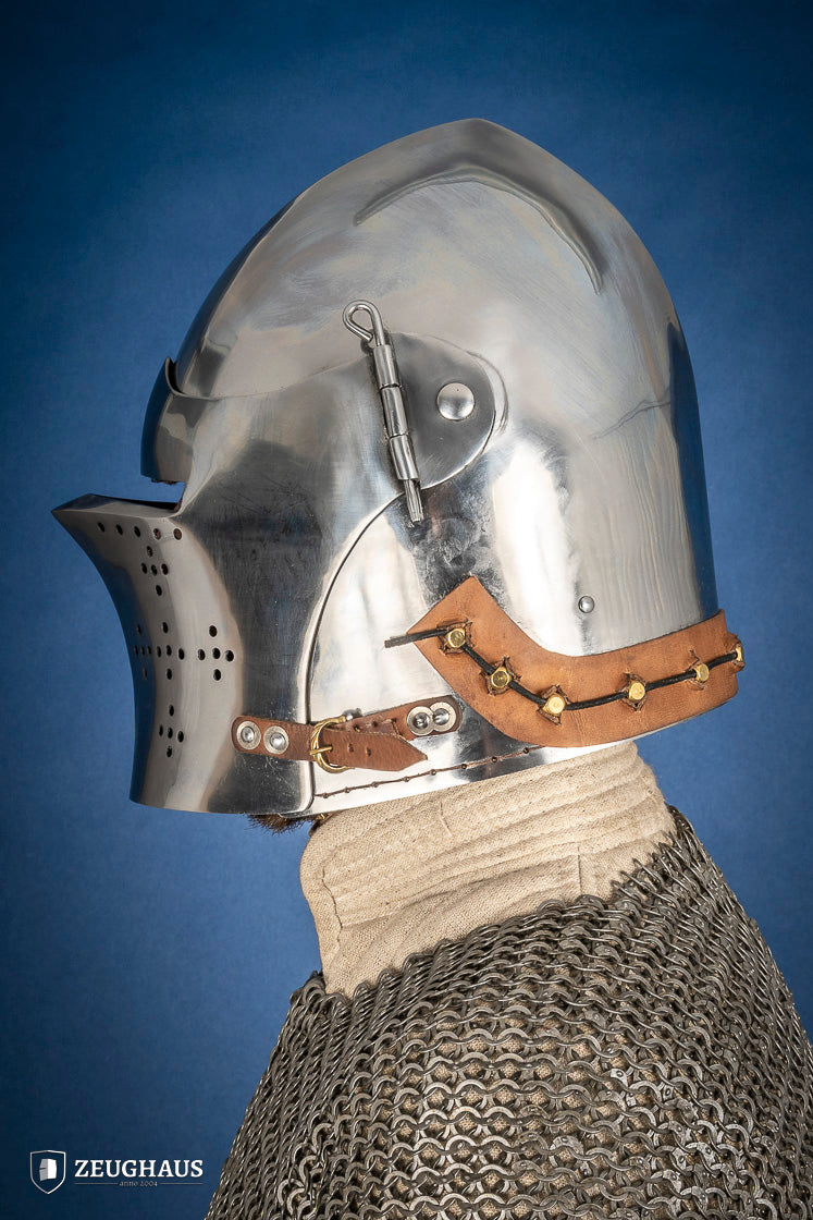 Polished Bascinet Helmet made of 2mm steel with adjustable visor and ventilation holes, featuring a leather chin strap.