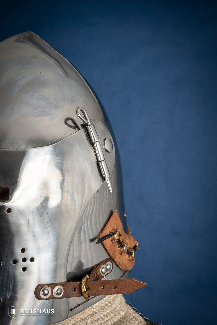 Polished Bascinet Helmet made of 2mm steel with adjustable visor and ventilation holes, featuring a leather chin strap.