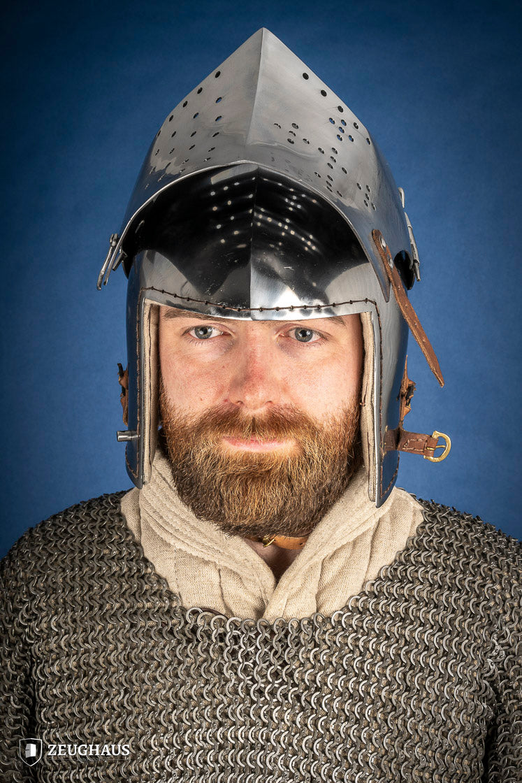 Polished Bascinet Helmet made of 2mm steel with adjustable visor and ventilation holes, featuring a leather chin strap.