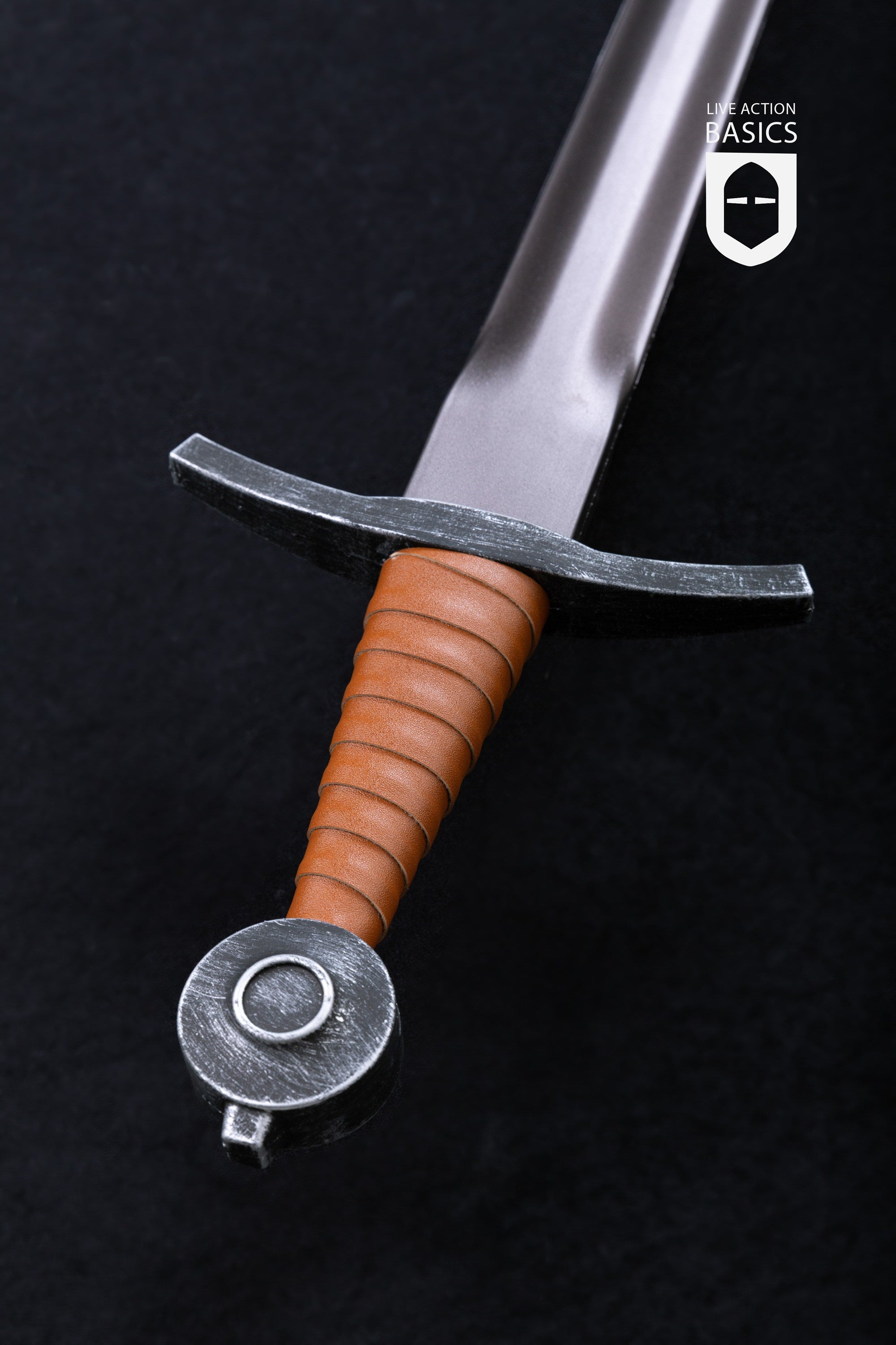 Basic Arming Sword Black with a metallic blade, black cross guard, and faux leather hilt, designed for LARP and cosplay.