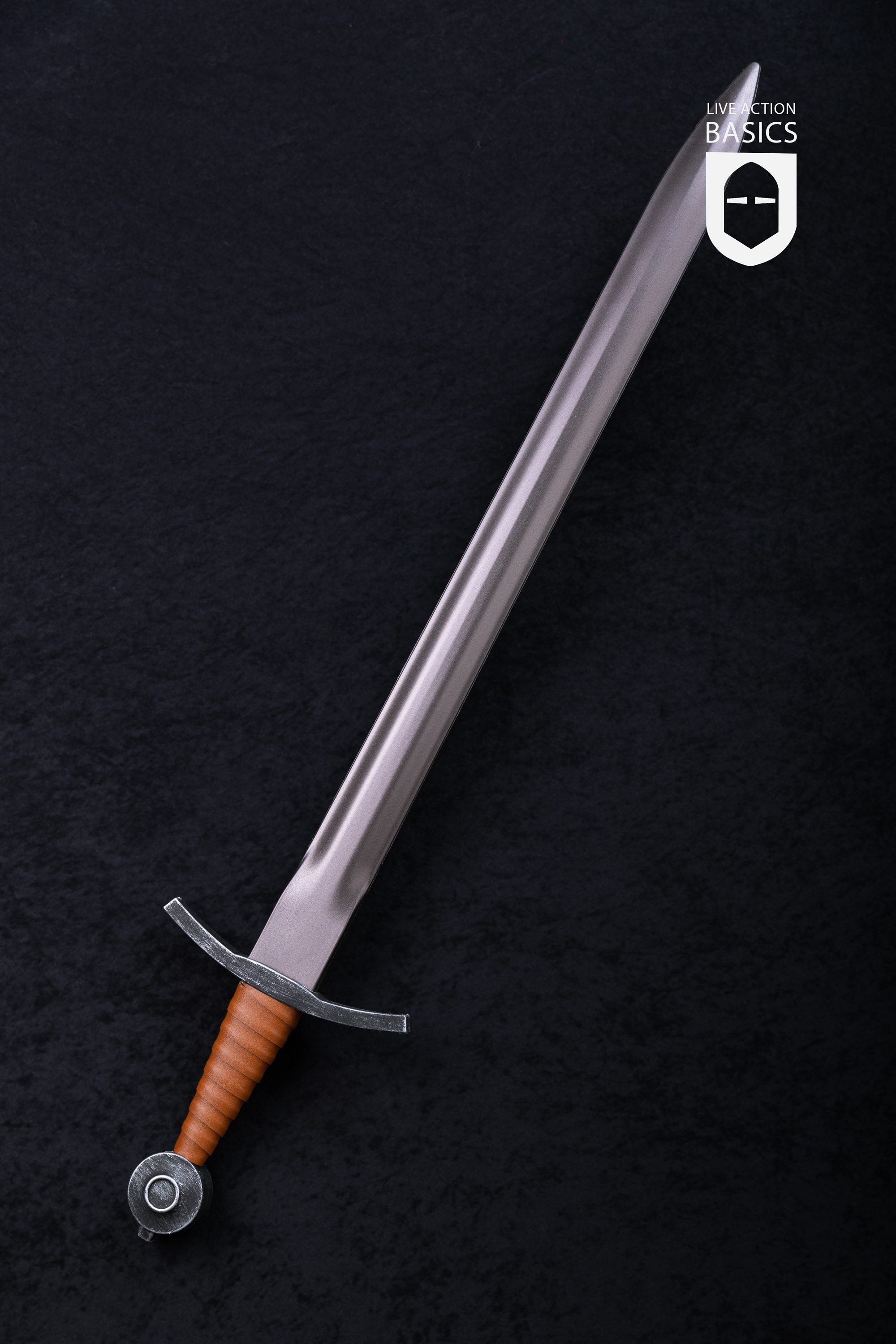 Basic Arming Sword Black with a metallic blade, black cross guard, and faux leather hilt, designed for LARP and cosplay.