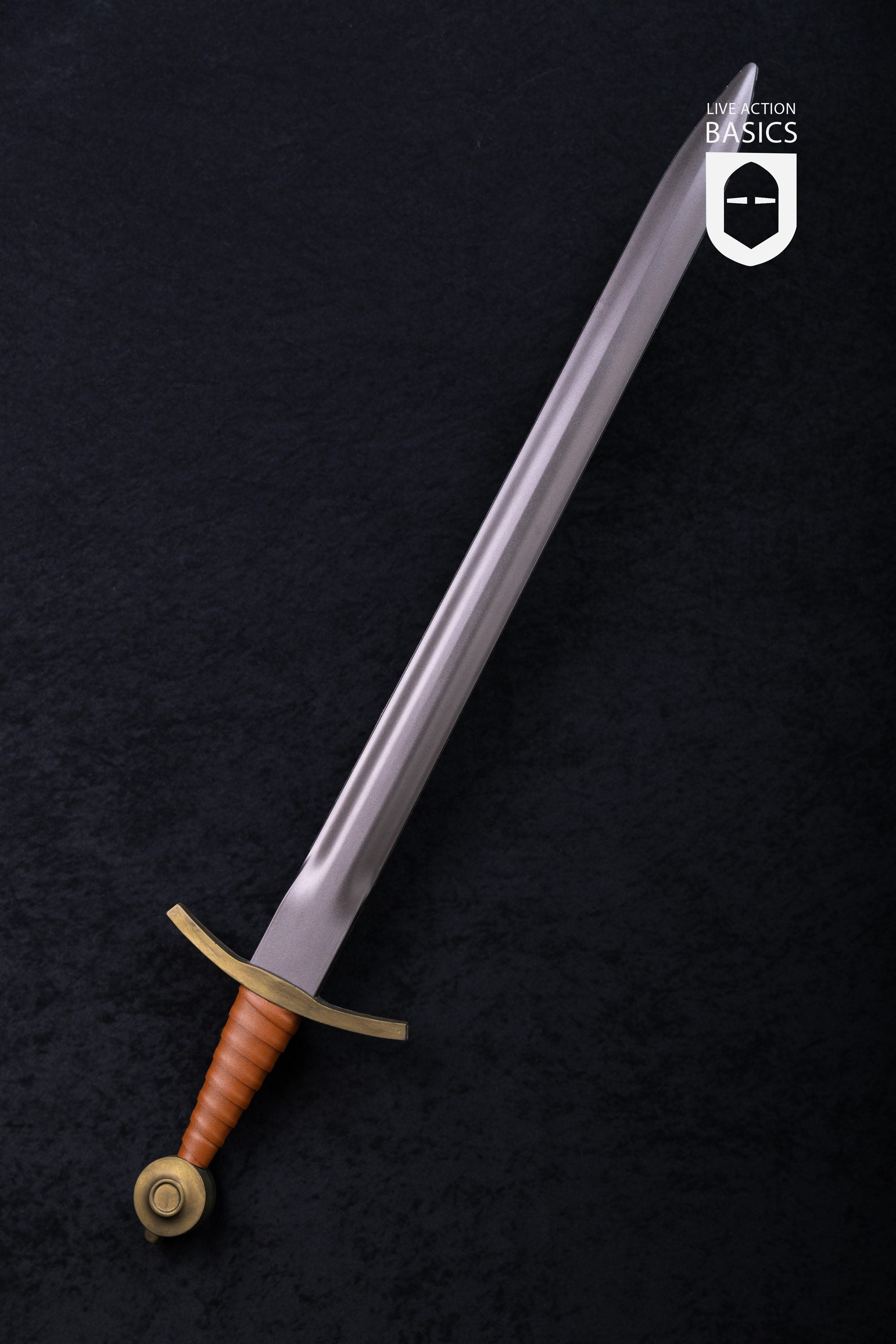 Basic Arming Sword Gold with a gold cross guard and pommel, featuring a foam blade and faux leather wrapped hilt, ideal for LARP and cosplay.