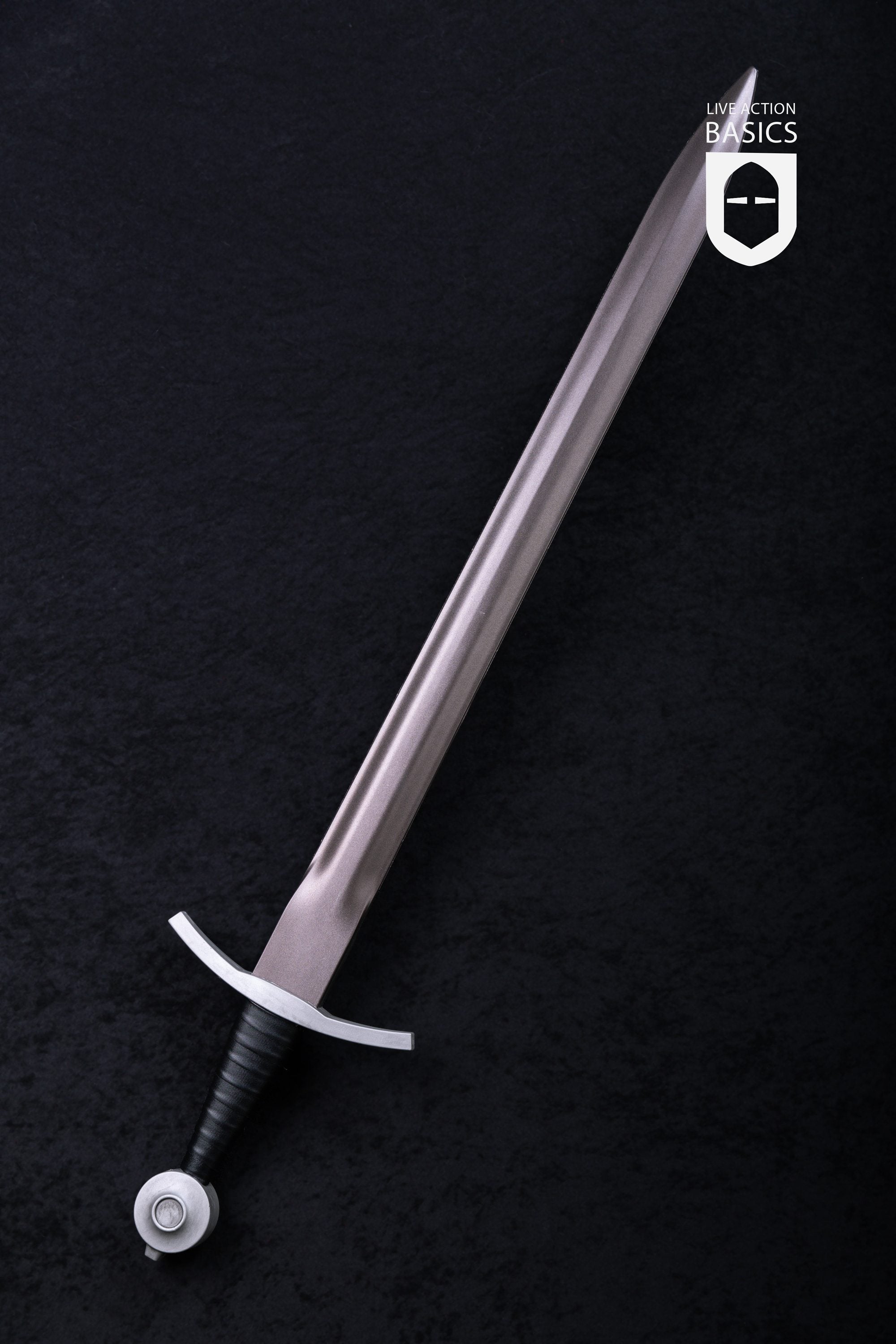 Basic Arming Sword Silver with a metallic blade, silver cross guard, and faux leather wrapped hilt, perfect for LARP and cosplay.