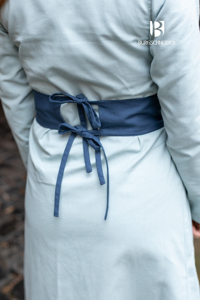 Woad Blue Sieglinde Belt with ribbons, made from 100% cotton, elegantly designed for medieval and fantasy costumes.