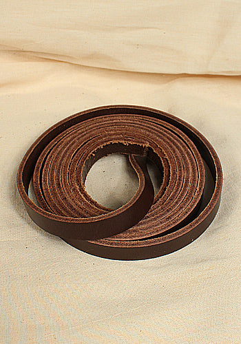 A dark brown full-grain leather belt strap, 15 mm wide and 2 meters long, ideal for LARP and medieval costumes.