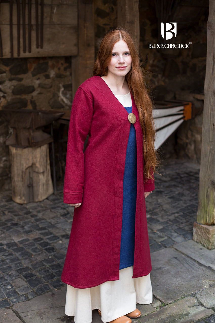 Viking-inspired Birka Coat Aslaug in red, featuring long sleeves and a calf-length design, made from high-quality wool fabric.
