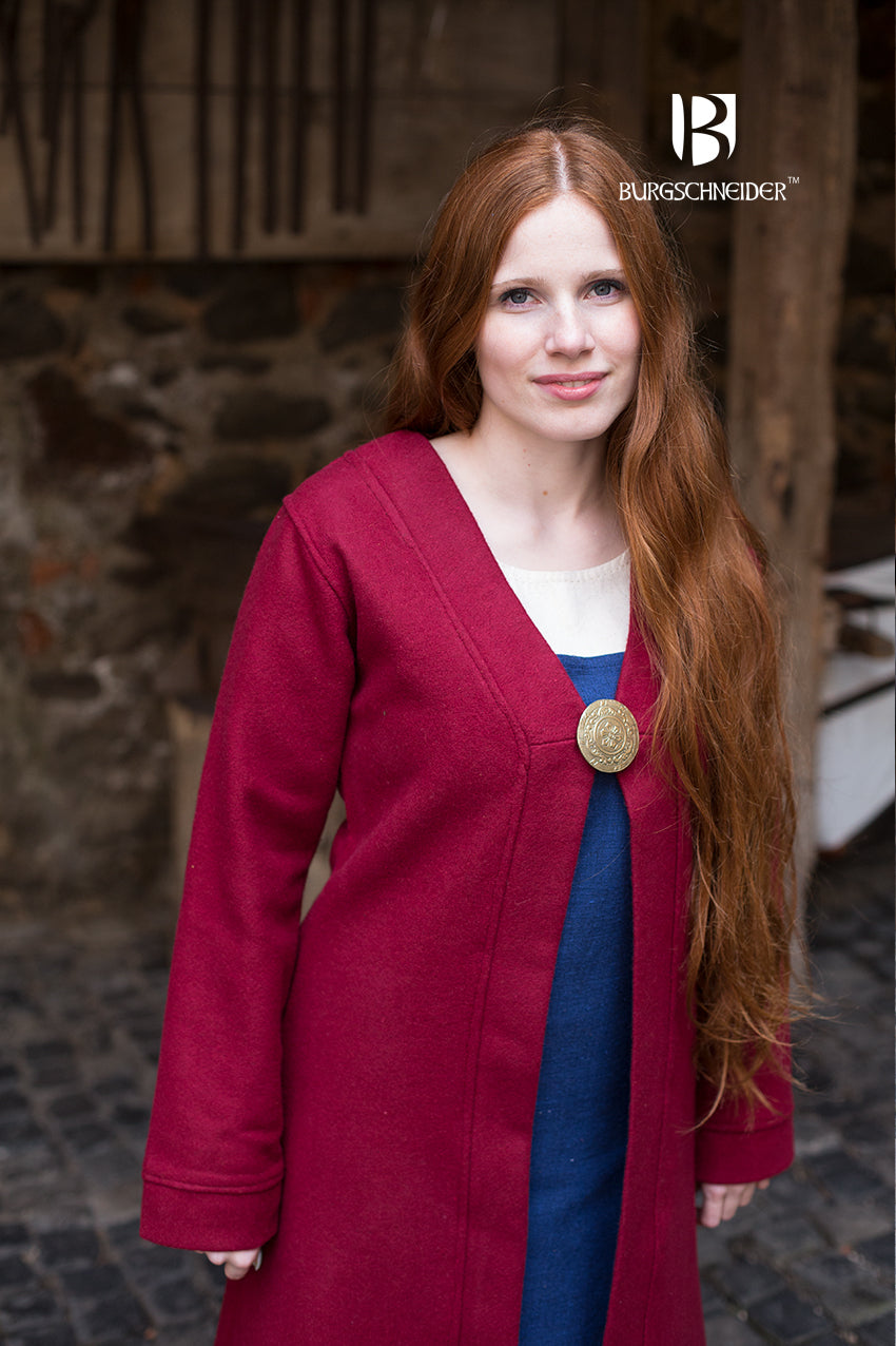 Viking-inspired Birka Coat Aslaug in red, featuring long sleeves and a calf-length design, made from high-quality wool fabric.