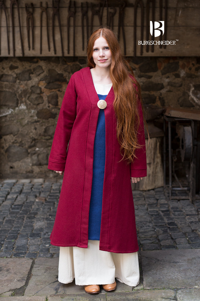 Viking-inspired Birka Coat Aslaug in red, featuring long sleeves and a calf-length design, made from high-quality wool fabric.