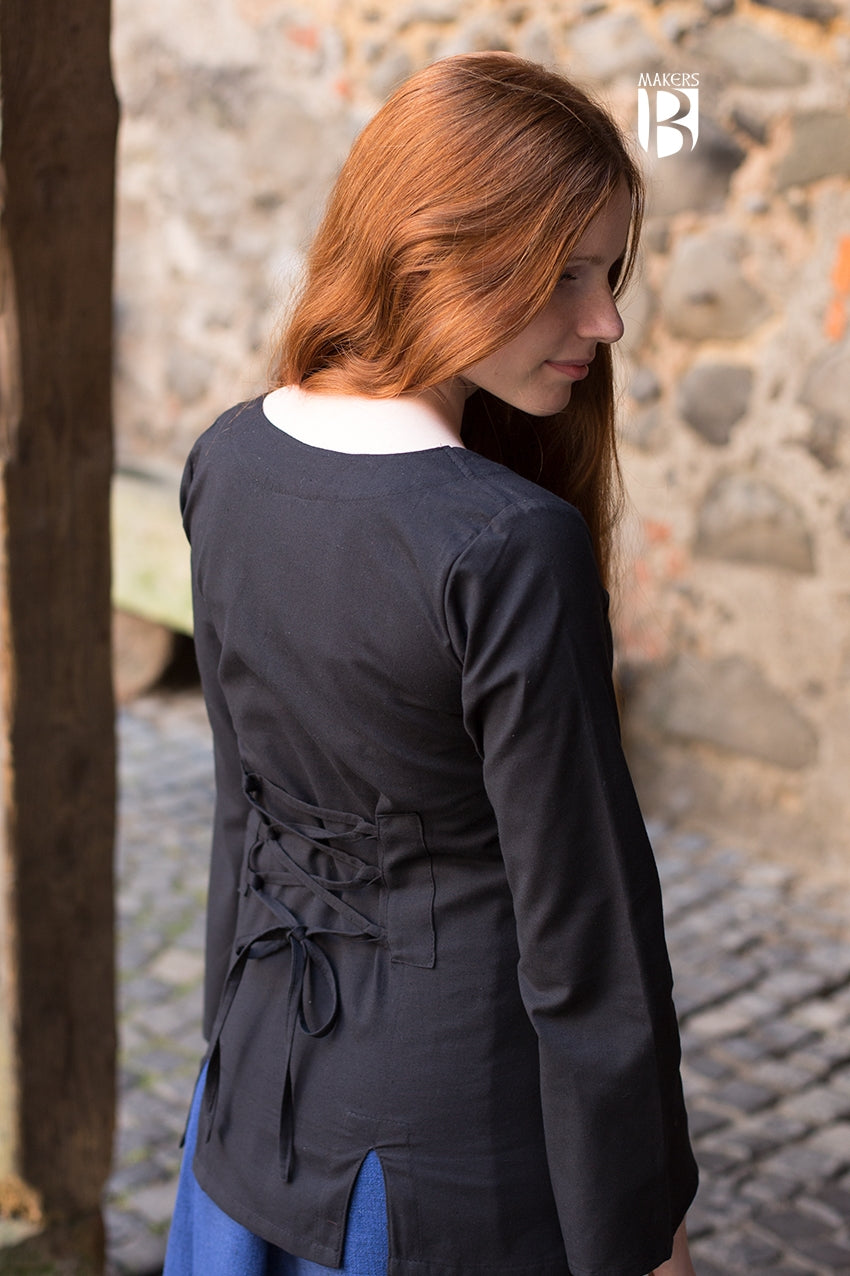 Elegant Blouse Lysia Black made of cotton with flared sleeves and adjustable lacing at the back.