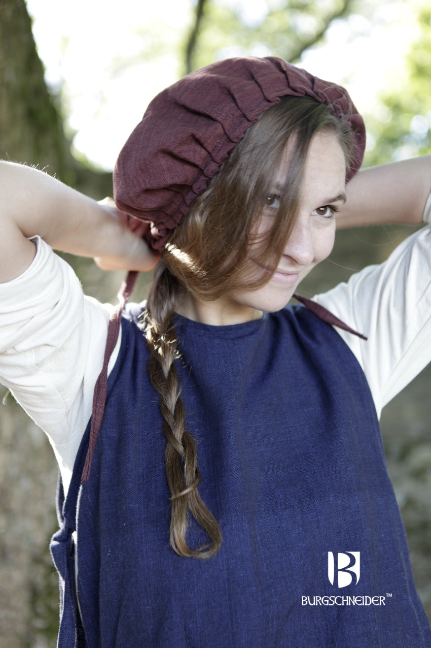 Bonnet Anna Brown made of 100% cotton, featuring a playful drape and adjustable ties, perfect for medieval costumes.