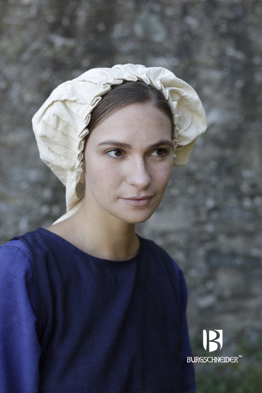 Bonnet Anna Natural, a 100% cotton medieval hood with adjustable ties, showcasing its authentic drape and design.