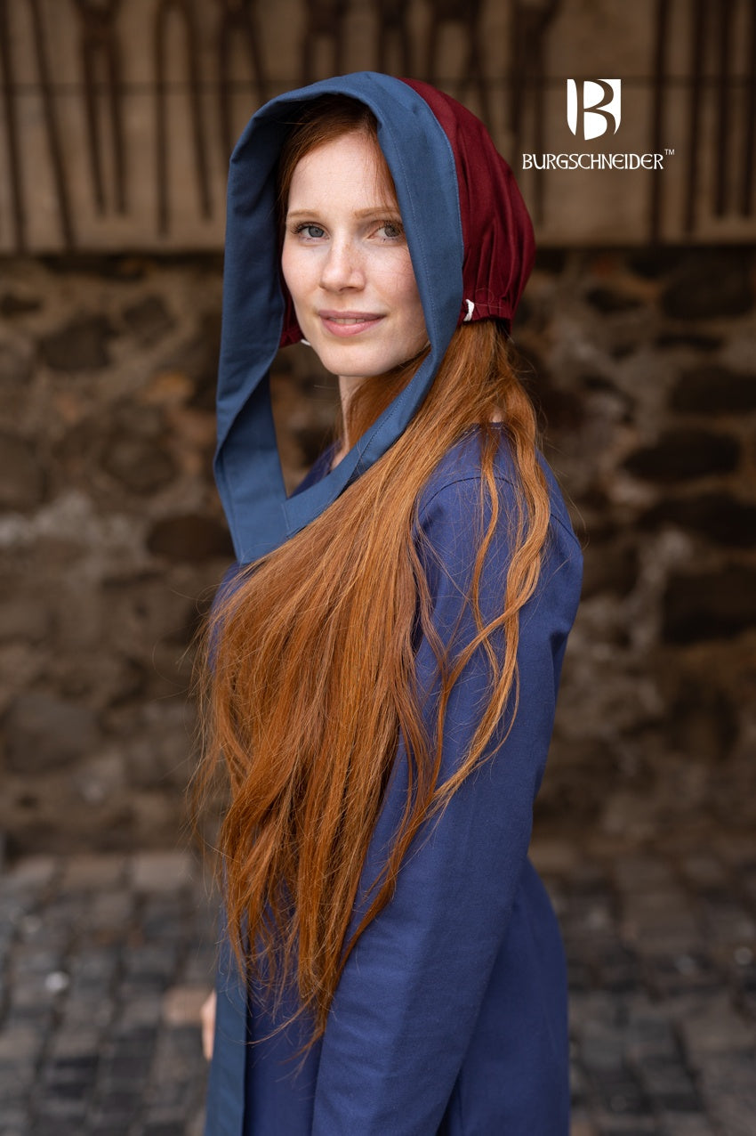 Dagmar Bonnet in Bordeaux and Woad Blue, featuring a long brim and 100% cotton fabric, perfect for medieval costumes.