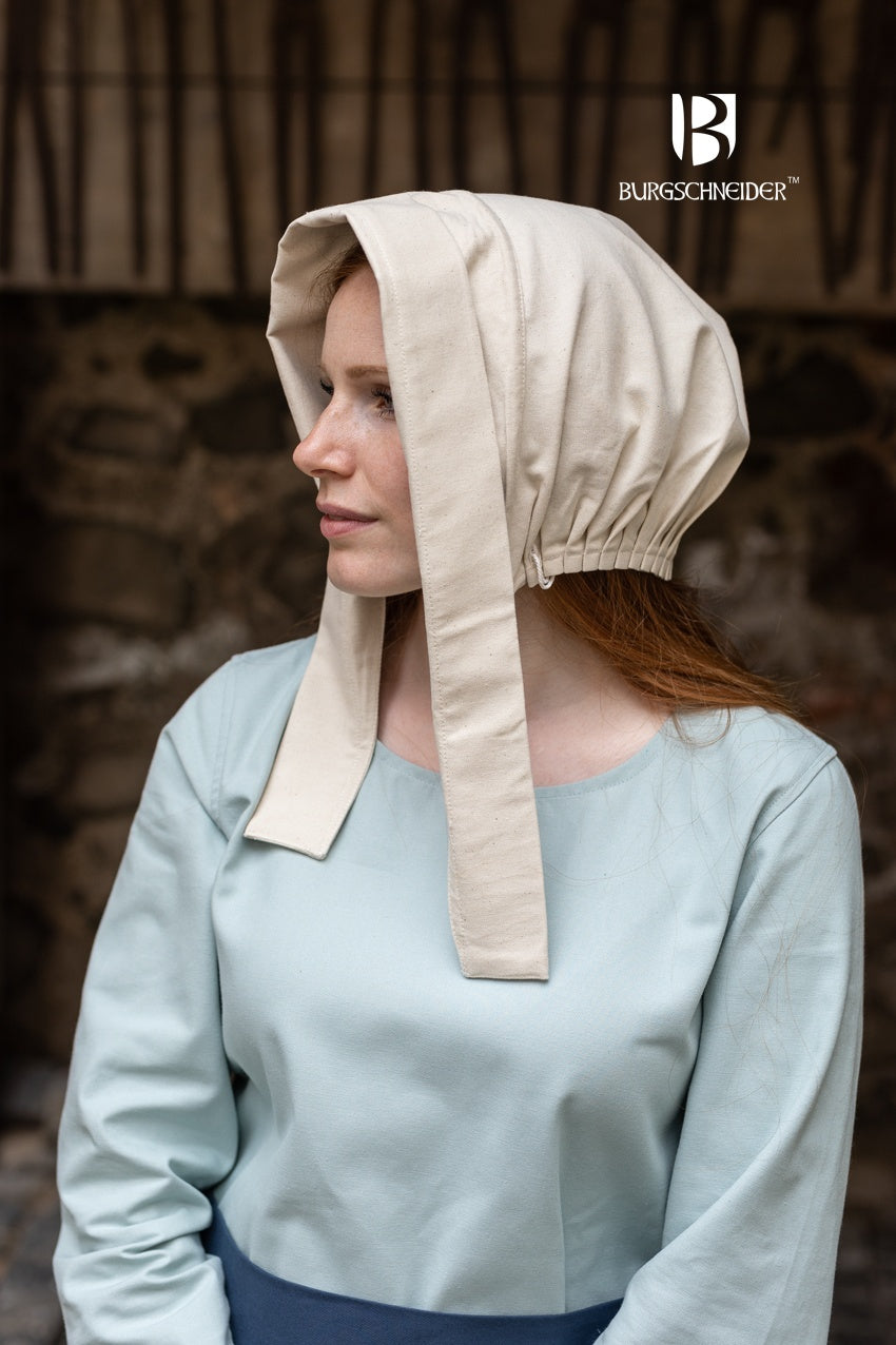 Bonnet Dagmar Natural made of 100% cotton, featuring a long brim and elegant drape, perfect for medieval costumes.