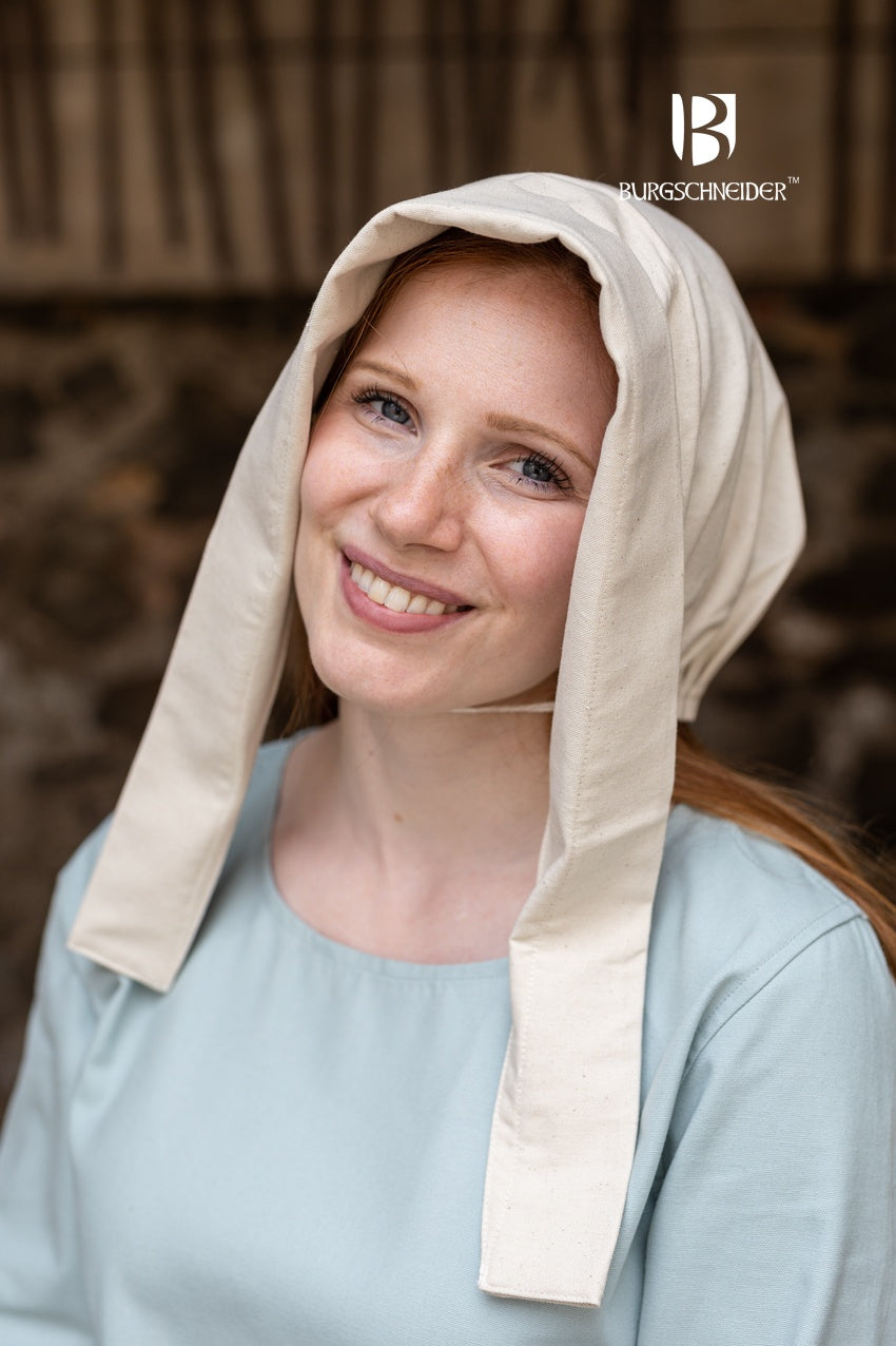 Bonnet Dagmar Natural made of 100% cotton, featuring a long brim and elegant drape, perfect for medieval costumes.