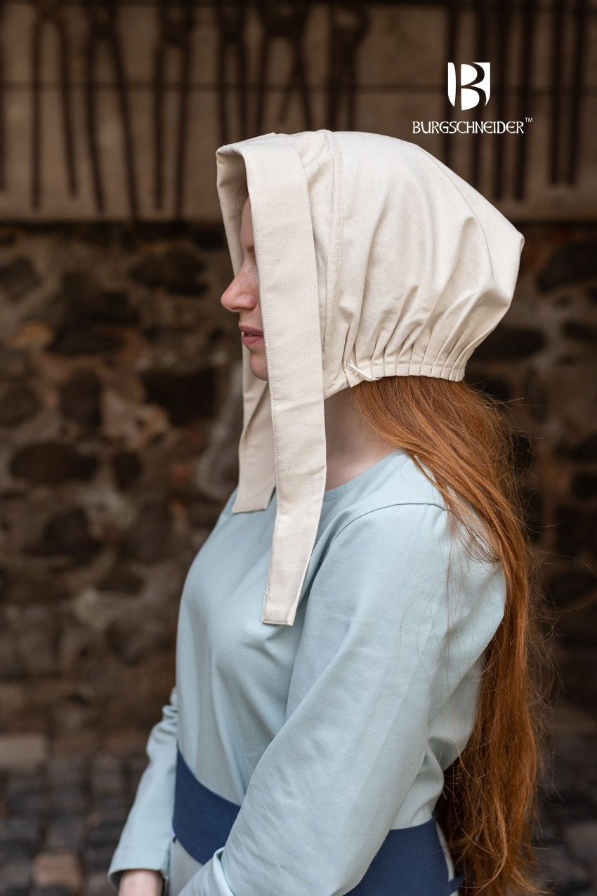 Bonnet Dagmar Natural made of 100% cotton, featuring a long brim and elegant drape, perfect for medieval costumes.